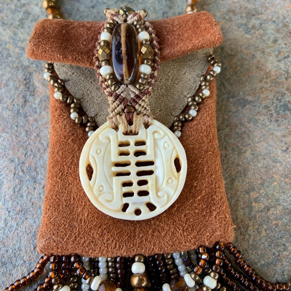 Native American Deerskin Leather Bead & Ivory  Fringed Pouch Bag Necklace - Picture 10 of 13